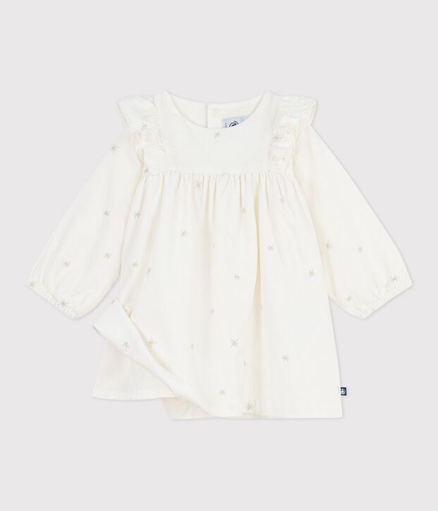 Vestido liso de pana de manga larga para beb&eacute; crudo/gris