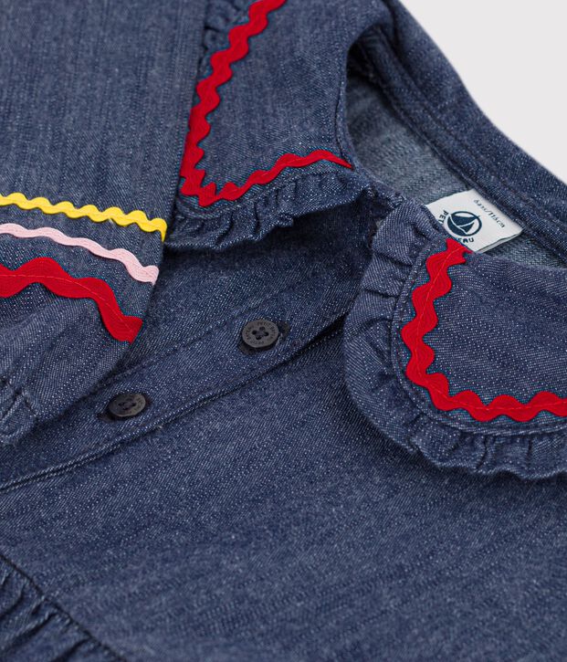 Vestido infantil liso de manga larga de tejido denim azul