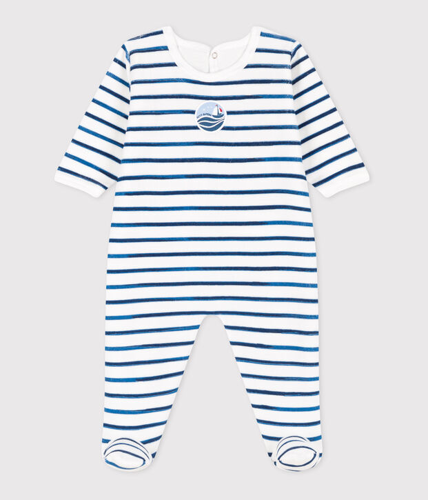 Pijama de terciopelo a rayas con abertura trasera para beb&eacute; blanco/azul