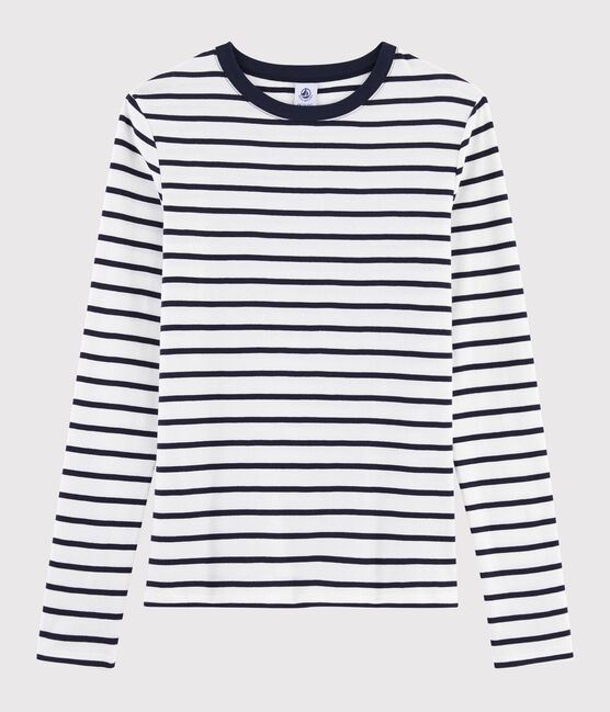 Camiseta de cuello redondo emblemática de algodón a rayas de mujer blanco MARSHMALLOW/azul SMOKING