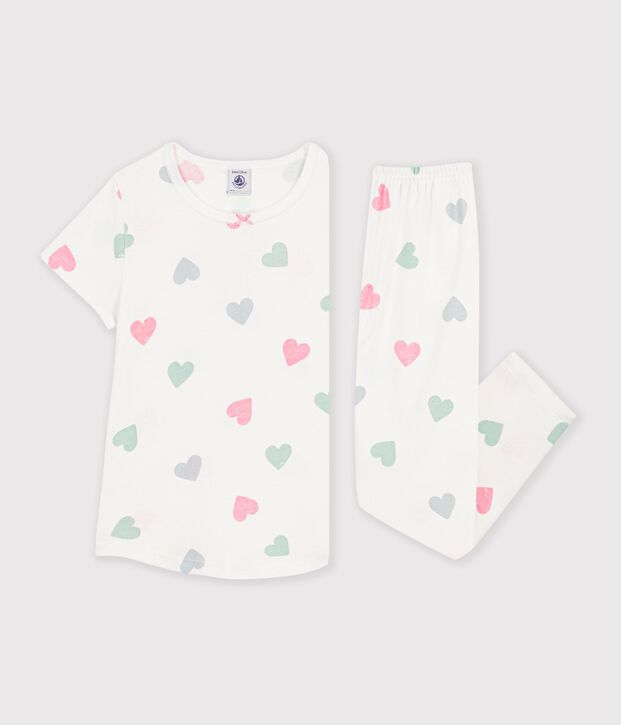 Pijama infantil de algod&oacute;n de manga corta y pierna larga con estampado blanco/multicolor
