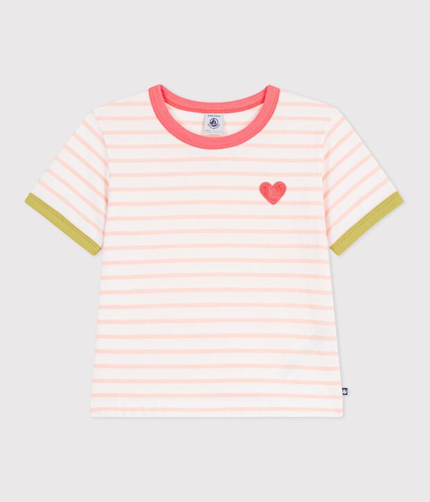 Camiseta infantil de manga corta de algod&oacute;n a rayas rosa/naranja