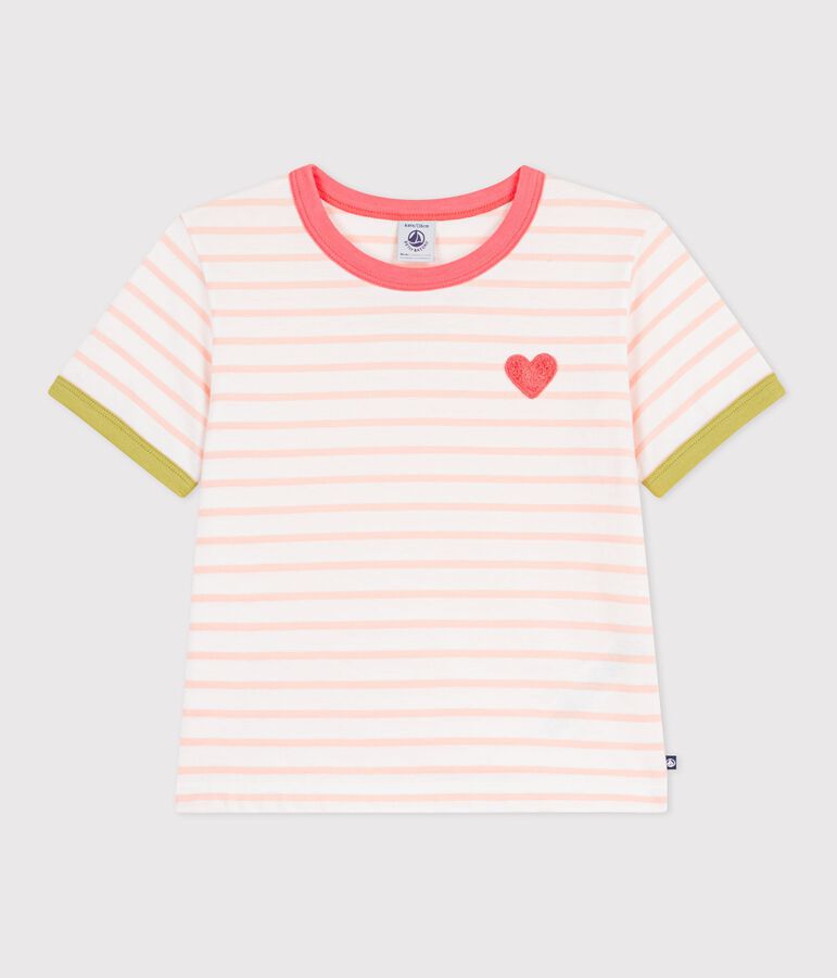Camiseta infantil de manga corta de algod&oacute;n a rayas blanco/naranja