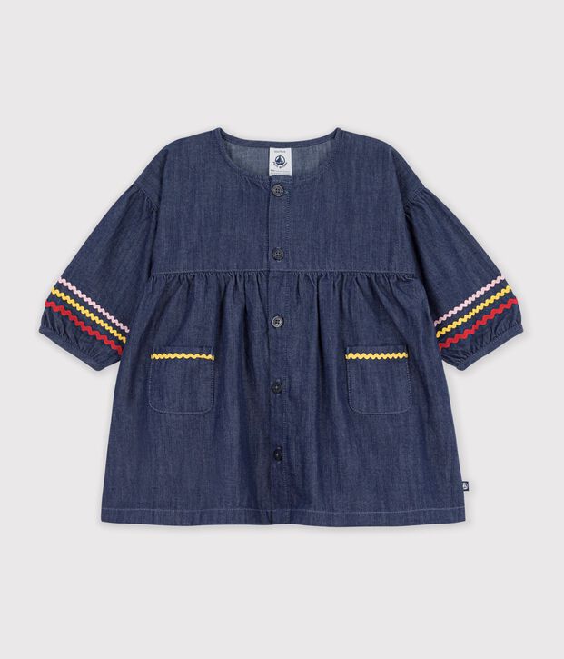 Vestido de tejido denim de manga larga para beb&eacute; azul
