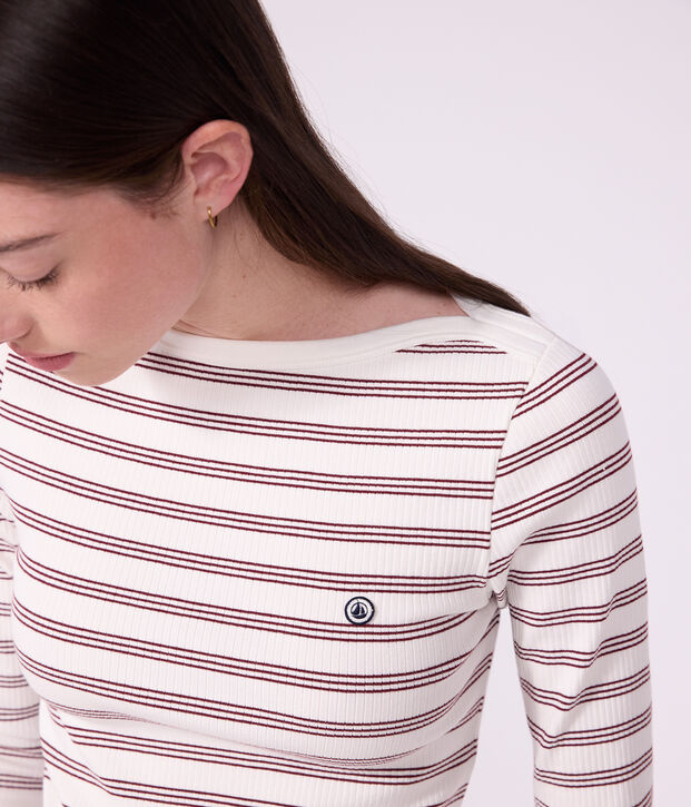 Camiseta de manga larga de algod&oacute;n a rayas con cuello almirante para mujer blanco/rojo