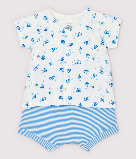 Conjunto de 2 prendas azules de bebé en tela de pañal y algodón ecológico blanco MARSHMALLOW/blanco MULTICO