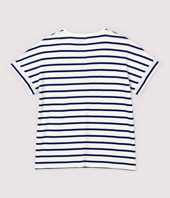 Camiseta de algodón/lino de rayas de mujer blanco MARSHMALLOW/azul MEDIEVAL