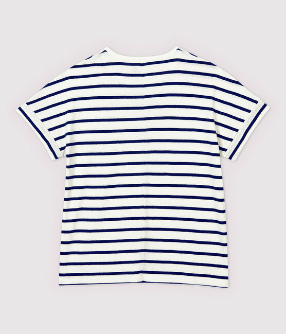 Camiseta de algodón/lino de rayas de mujer blanco MARSHMALLOW/azul MEDIEVAL