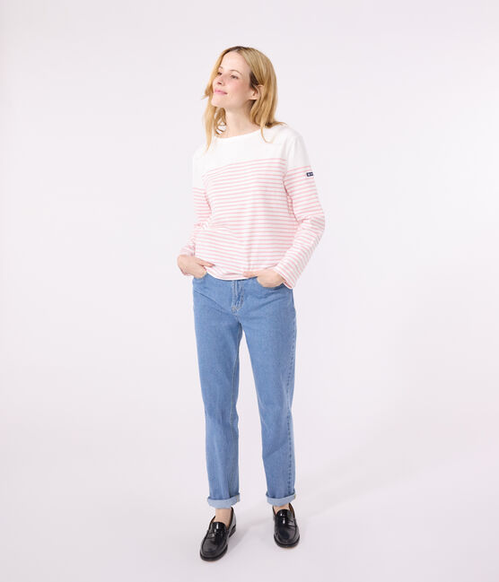 Camiseta marinera de algodón de manga larga para mujer blanco MARSHMALLOW/rosa CHARME