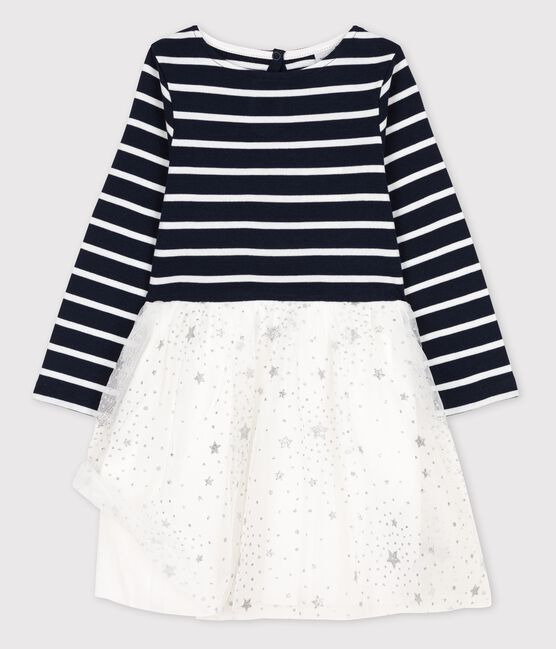 Vestido de manga larga de algodón y tul de niña azul SMOKING/blanco MARSHMALLOW