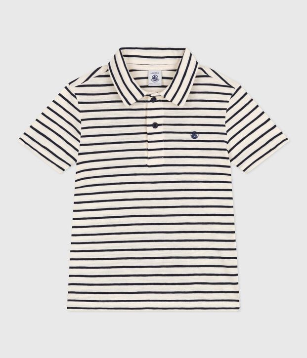 Polo infantil de algod&oacute;n de manga corta a rayas crudo/azul