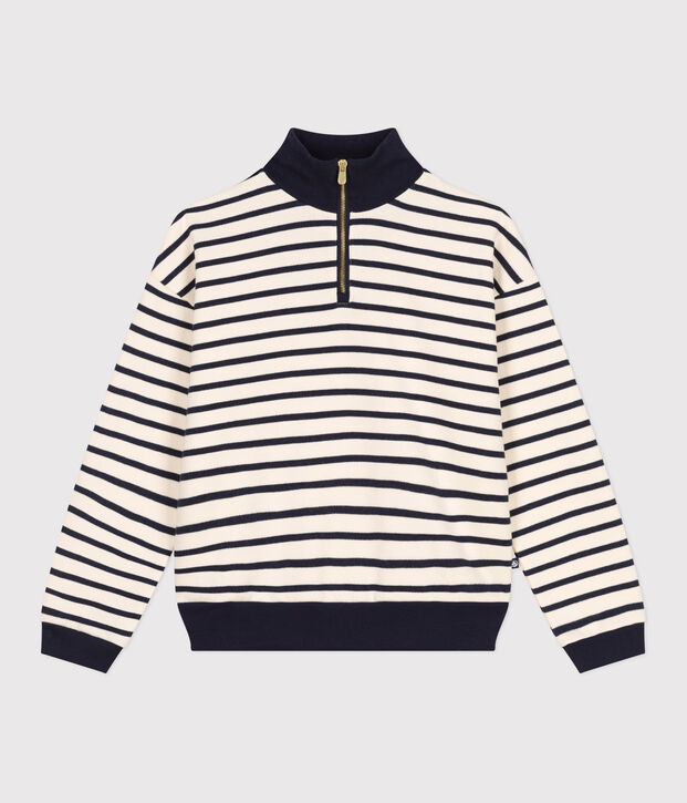 Sudadera de felpa cepillada con cremallera en el cuello para mujer crudo/azul