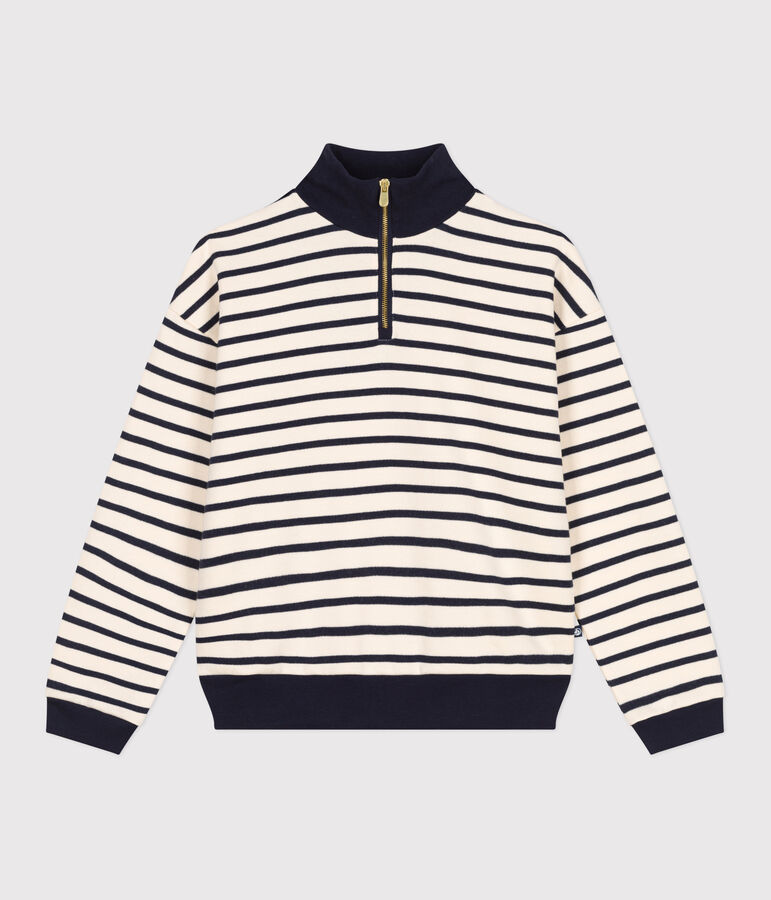 Sudadera de felpa cepillada con cremallera en el cuello para mujer crudo/azul