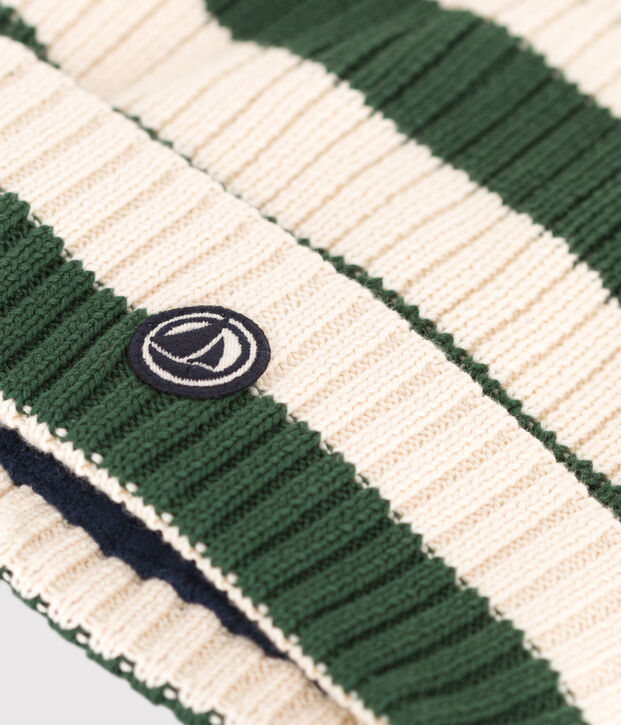 Gorro a rayas de punto con forro de tejido polar de ni&ntilde;o/ni&ntilde;a verde/crudo