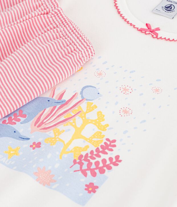 Pijama corto infantil de algod&oacute;n con estampado de oc&eacute;ano blanco/rosa