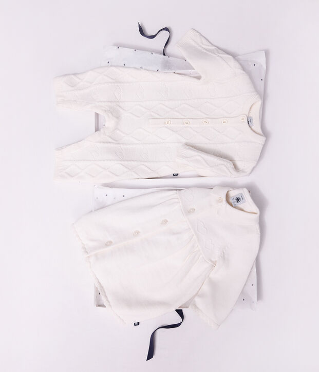 Vestido con cuello de punto tricotado liso para beb&eacute; blanco