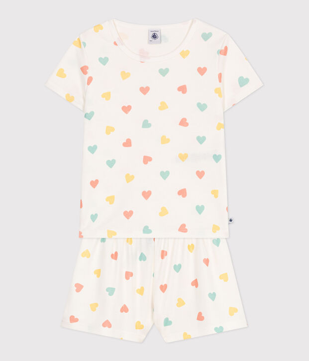 Pijama corto infantil de algod&oacute;n con estampado de corazones blanco/multicolor