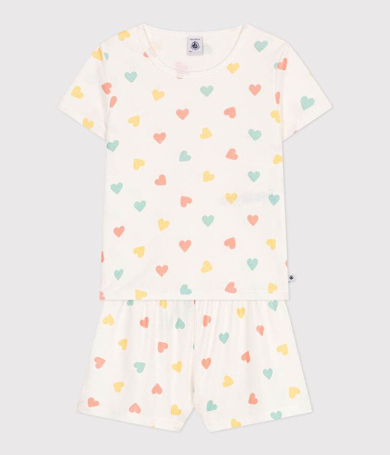Pijama corto infantil de algod&oacute;n con estampado de corazones blanco/multicolor