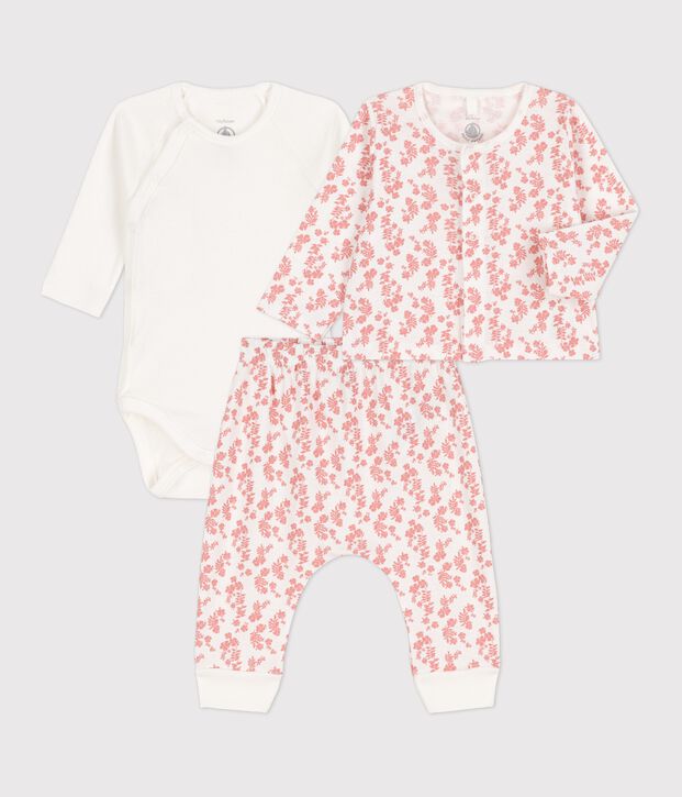 Conjunto de 3 piezas de beb&eacute; con estampado de Hawai de algod&oacute;n ecol&oacute;gico blanco/rosa