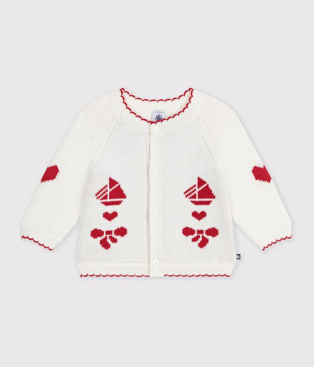 C&aacute;rdigan de punto tricotado de lana y algod&oacute;n con estampados jacquard para beb&eacute; blanco/rojo