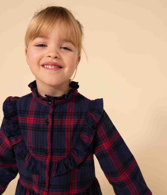 Vestido a cuadros de manga larga de franela de algodón de niña azul SMOKING/blanco MULTICO