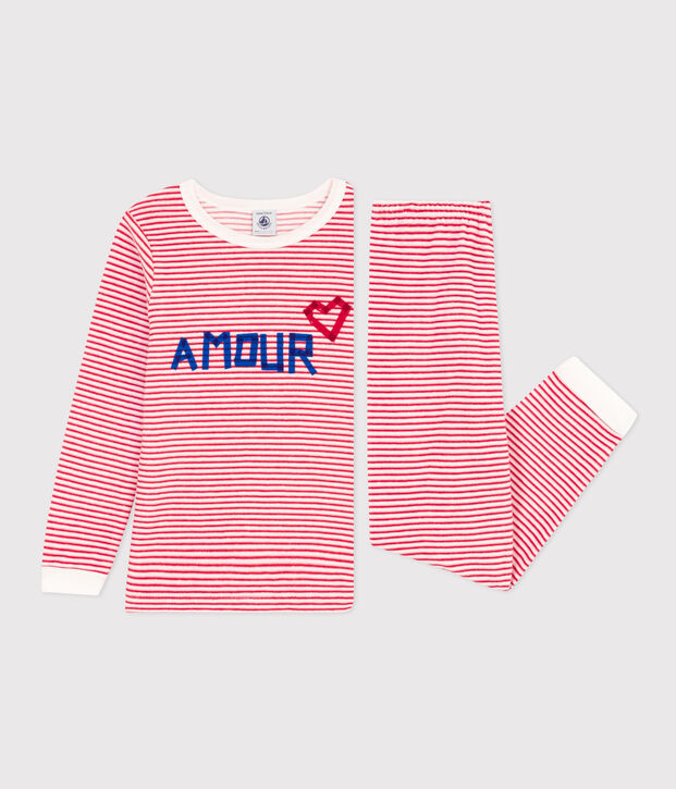 Pijama de terciopelo a rayas para ni&ntilde;o/ni&ntilde;a blanco/rojo