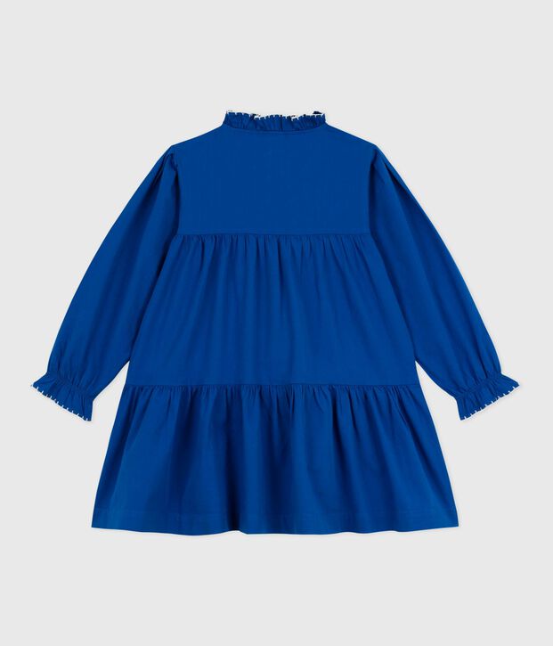 Vestido infantil liso de manga larga de algod&oacute;n azul
