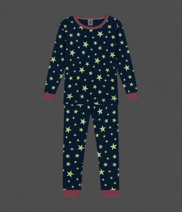 Pijama infantil ajustado y fluorescente de algod&oacute;n con estampado de estrellas azul/blanco