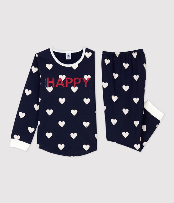 Pijama de niña/niño con estampado de corazones de muletón azul SMOKING/blanco MARSHMALLOW