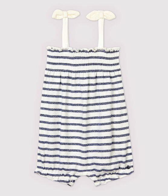 Mono corto de algodón/lino de rayas de bebé niña blanco MARSHMALLOW/azul MEDIEVAL