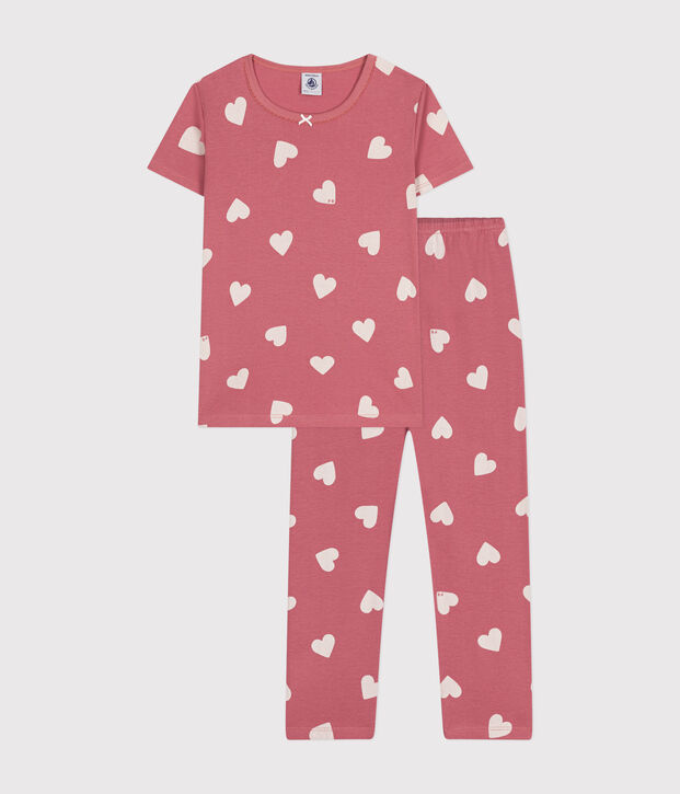 Pijama infantil de algod&oacute;n con estampado corazones rosa/crudo