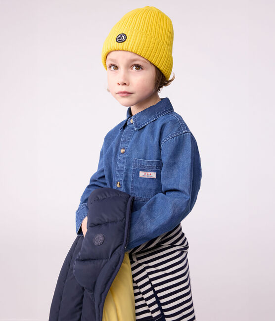 Gorro infantil de punto tricotado con forro polar amarillo JAUNE