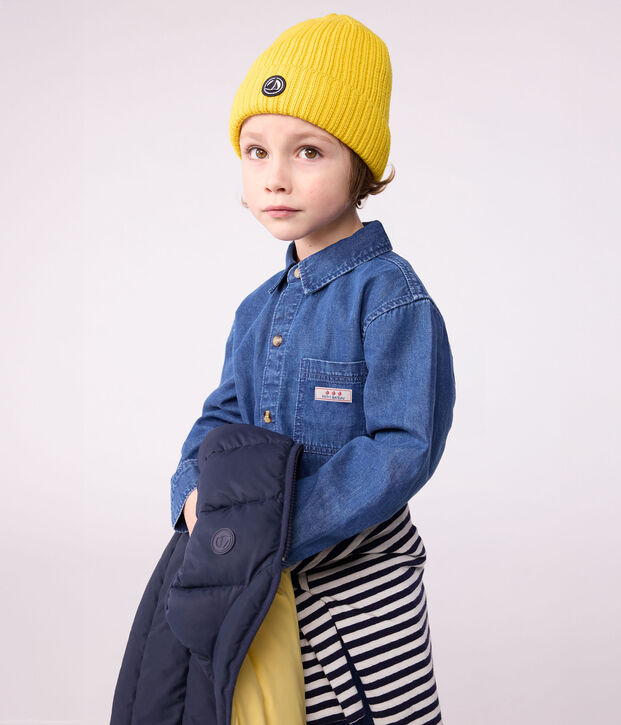 Gorro infantil de punto tricotado con forro polar amarillo