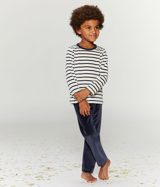 Pijama de terciopelo para niño pequeño azul SMOKING/beige COQUILLE