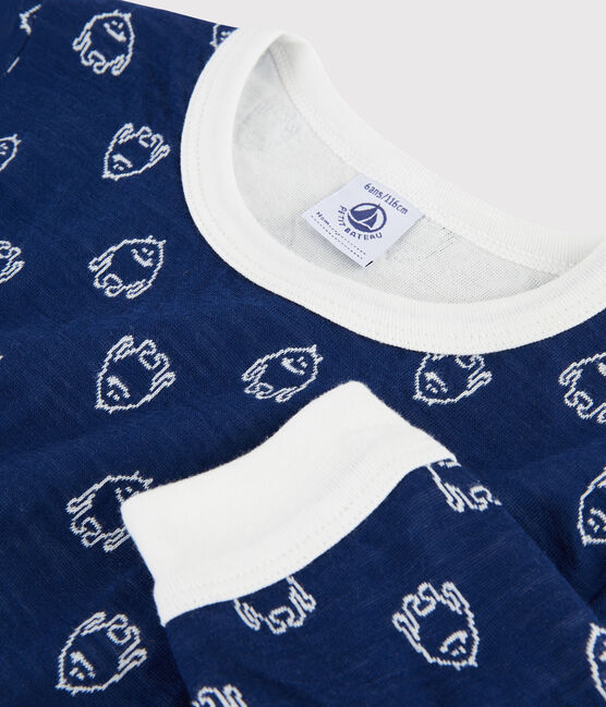 Pijama de jacquard con yeti de lana y algodón para niño pequeño azul MEDIEVAL/blanco MARSHMALLOW