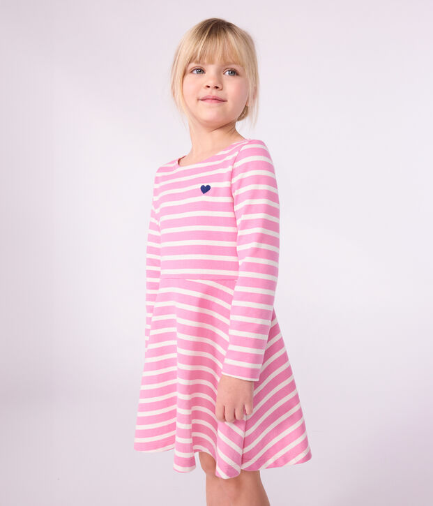 Vestido infantil de manga larga de algod&oacute;n rosa/crudo