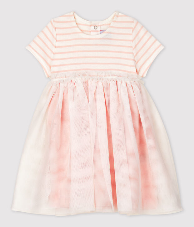 Vestido de dos materiales de manga corta de beb&eacute; ni&ntilde;a blanco/rosa