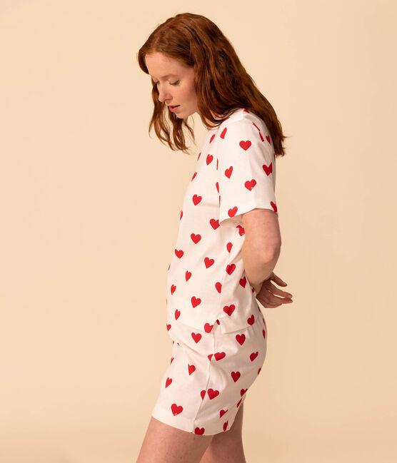 Pijama corto de algodón con corazón para mujer blanco MARSHMALLOW/rojo TERKUIT