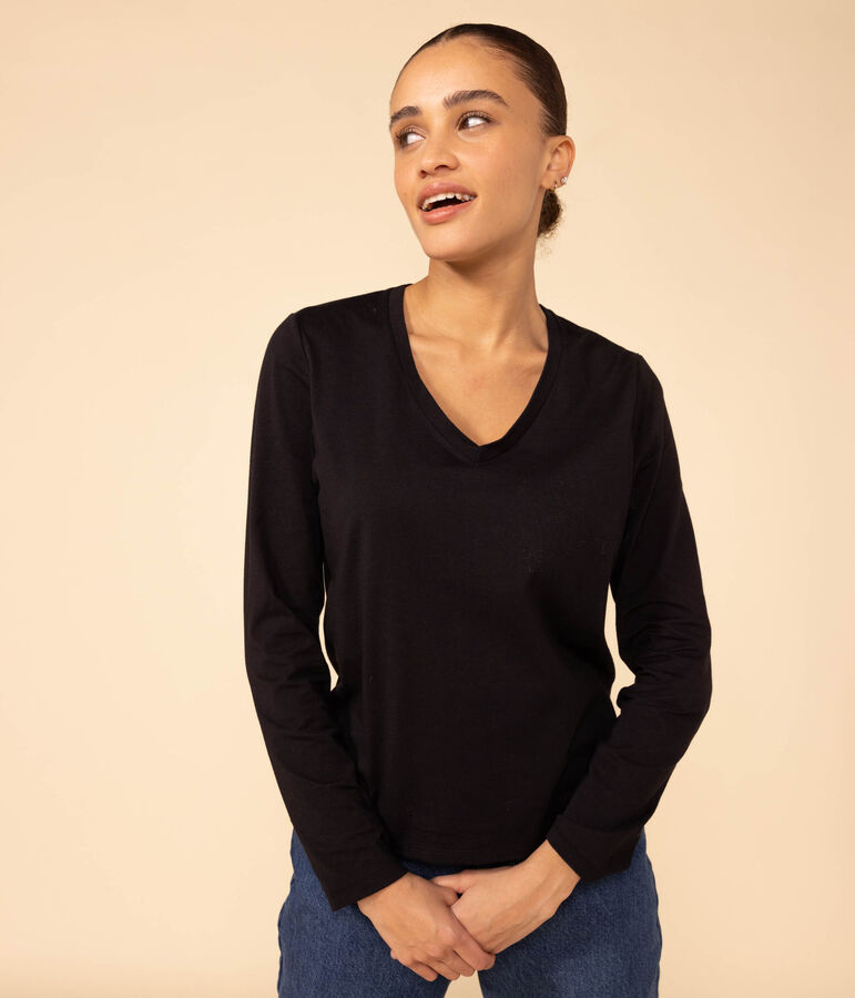 Camiseta LA RECTA de algod&oacute;n con cuello de pico para mujer negro