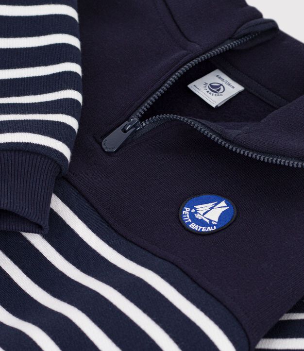 Sudadera infantil de algod&oacute;n a rayas con cremallera en el cuello azul/blanco
