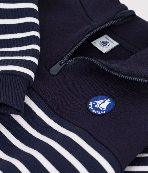 Sudadera infantil de algod&oacute;n a rayas con cremallera en el cuello azul/blanco