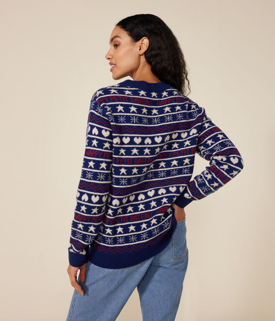 Jersey jacquard de lana y algodón para mujer azul MEDIEVAL/blanco MULTICO
