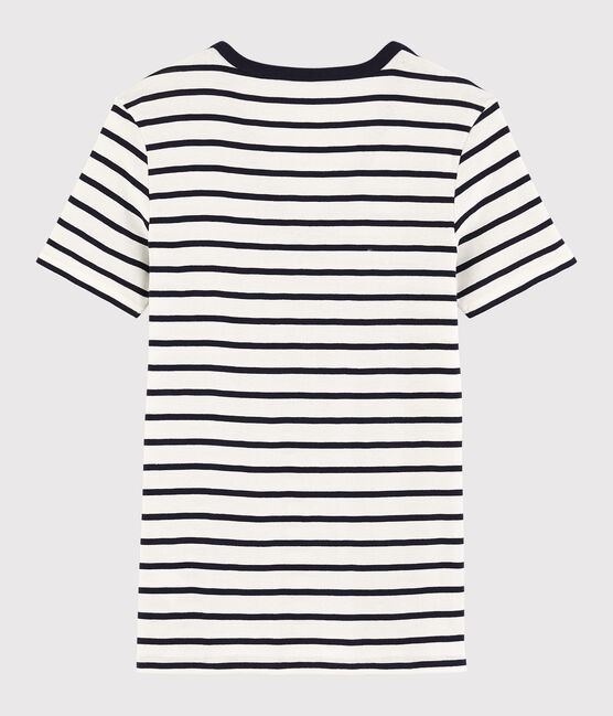 Camiseta de cuello de pico emblemática de algodón a rayas de mujer blanco MARSHMALLOW/azul SMOKING