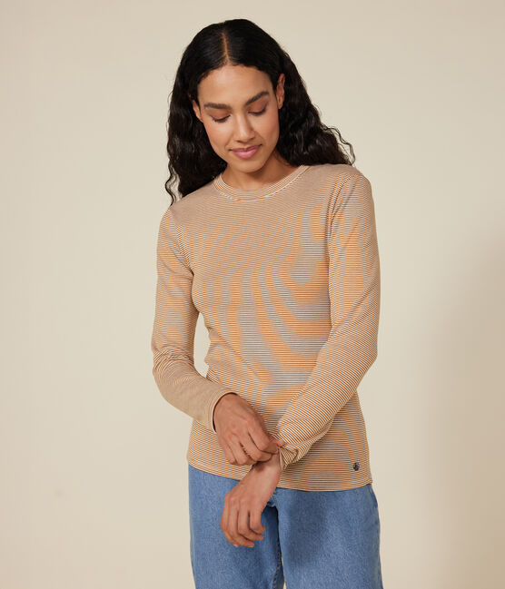 Camiseta Iconique de manga larga de punto a rayas para mujer marron CUIVRE/ MARSHMALLOW