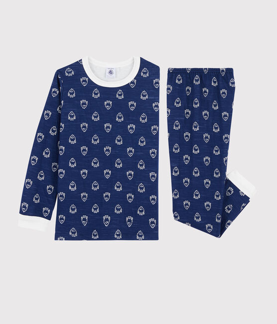 Pijama de jacquard con yeti de lana y algodón para niño pequeño azul MEDIEVAL/blanco MARSHMALLOW