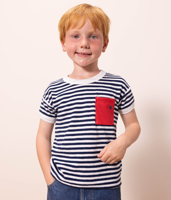 Camiseta de rizo a rayas para niño azul MEDIEVAL/blanco MARSHMALLOW