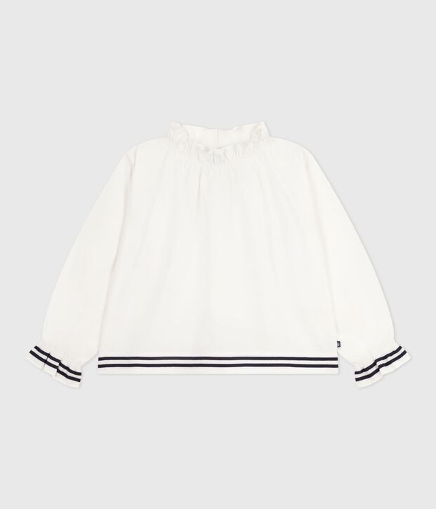 Blusa infantil lisa de manga larga de popelina de algod&oacute;n blanco