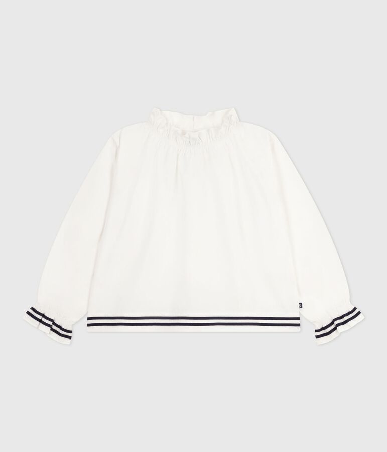 Blusa infantil lisa de manga larga de popelina de algod&oacute;n blanco