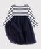 Vestido infantil de algod&oacute;n y tul de manga larga a rayas blanco/azul