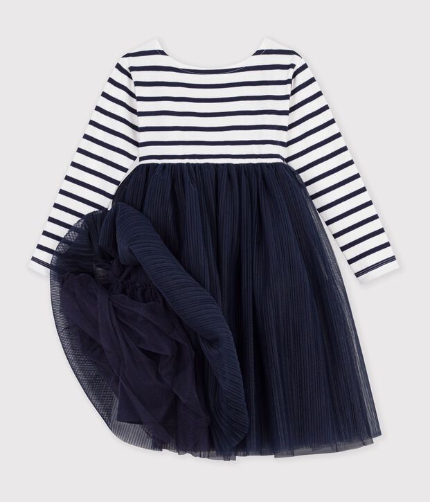 Vestido infantil de algod&oacute;n y tul de manga larga a rayas blanco/azul